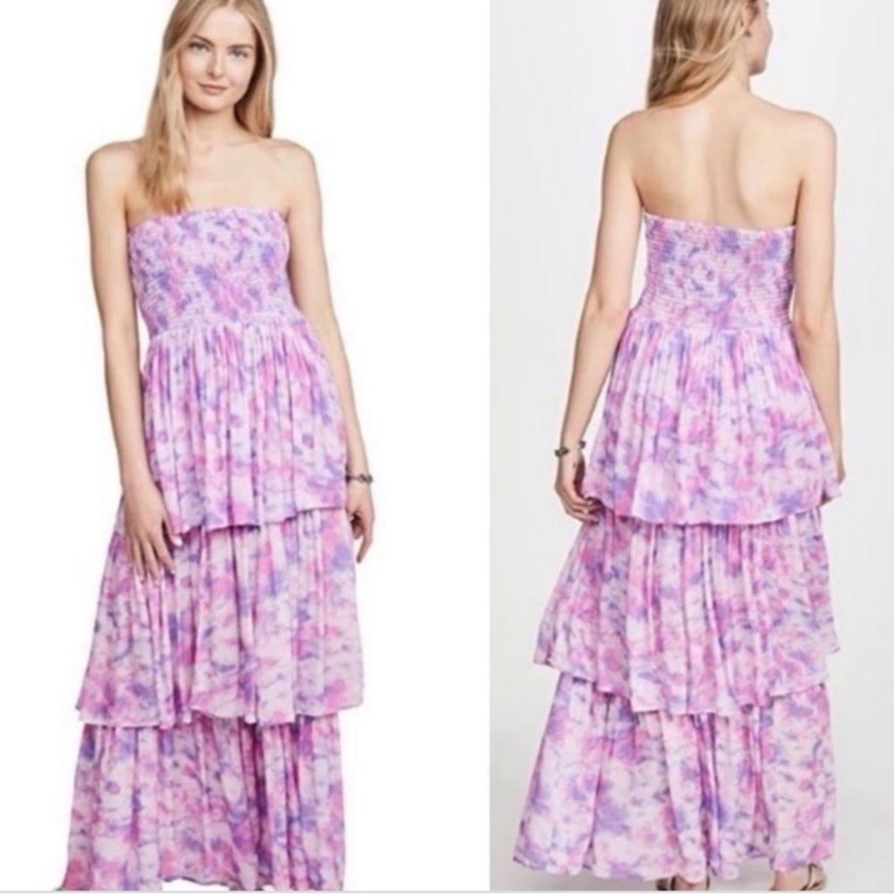 Playa Lucila Maxi Dress Strapless Tiered Maxi Dress Shirred Top Purple Pastel XS